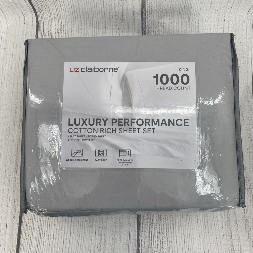 Liz Claiborne Sheet Set KING Light Gray Luxury Performance 1000TC Cotton Crisp
